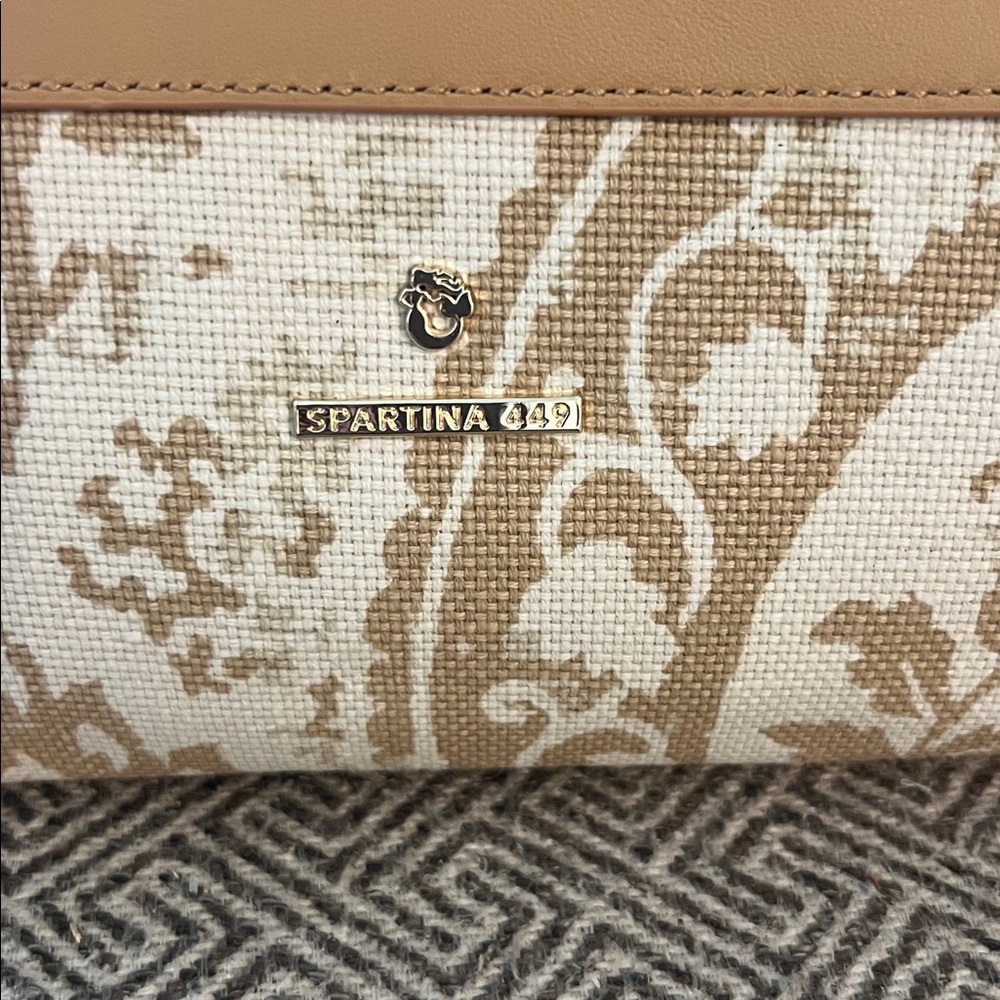 Spartina 449 Tan and Cream Patterned Canvas Wristlet with Leather Trim